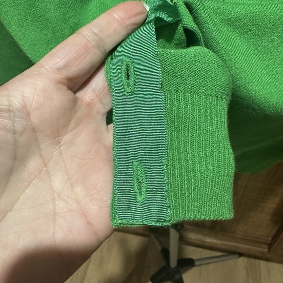 Green Cardigan Sweater Floral Appliqué Rhinestone Buttons Large Romantic Preppy - Picture 3 of 8